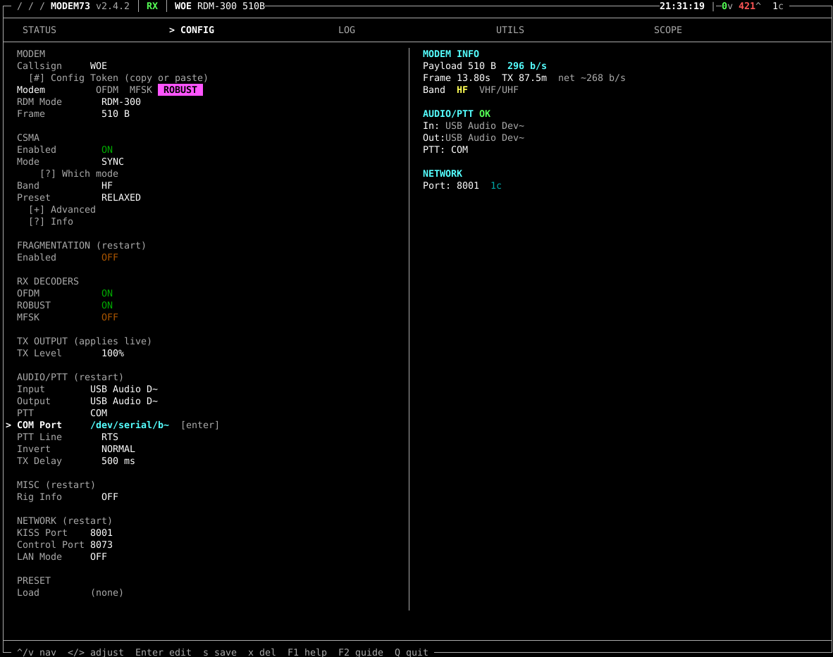 Modem 73 config screen