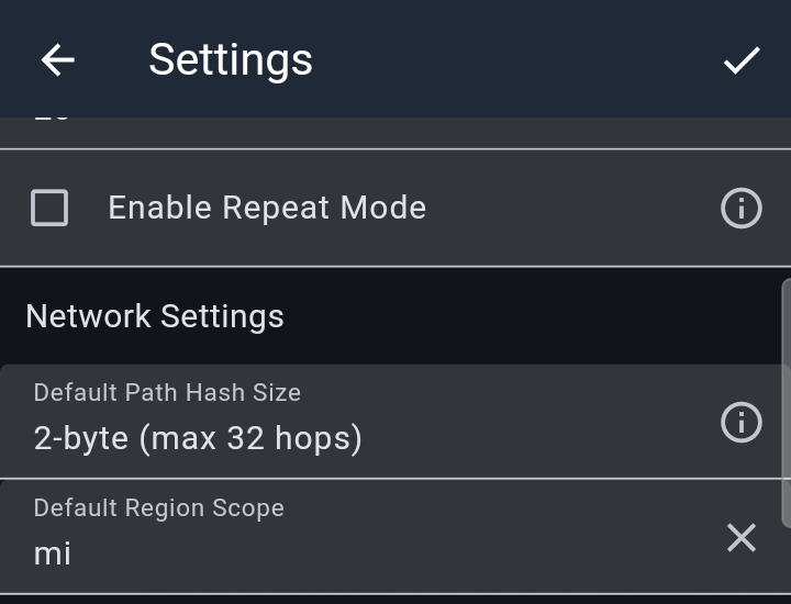 MeshCore app Settings, Network Settings section, with Default Region Scope set to mi and an X to clear it